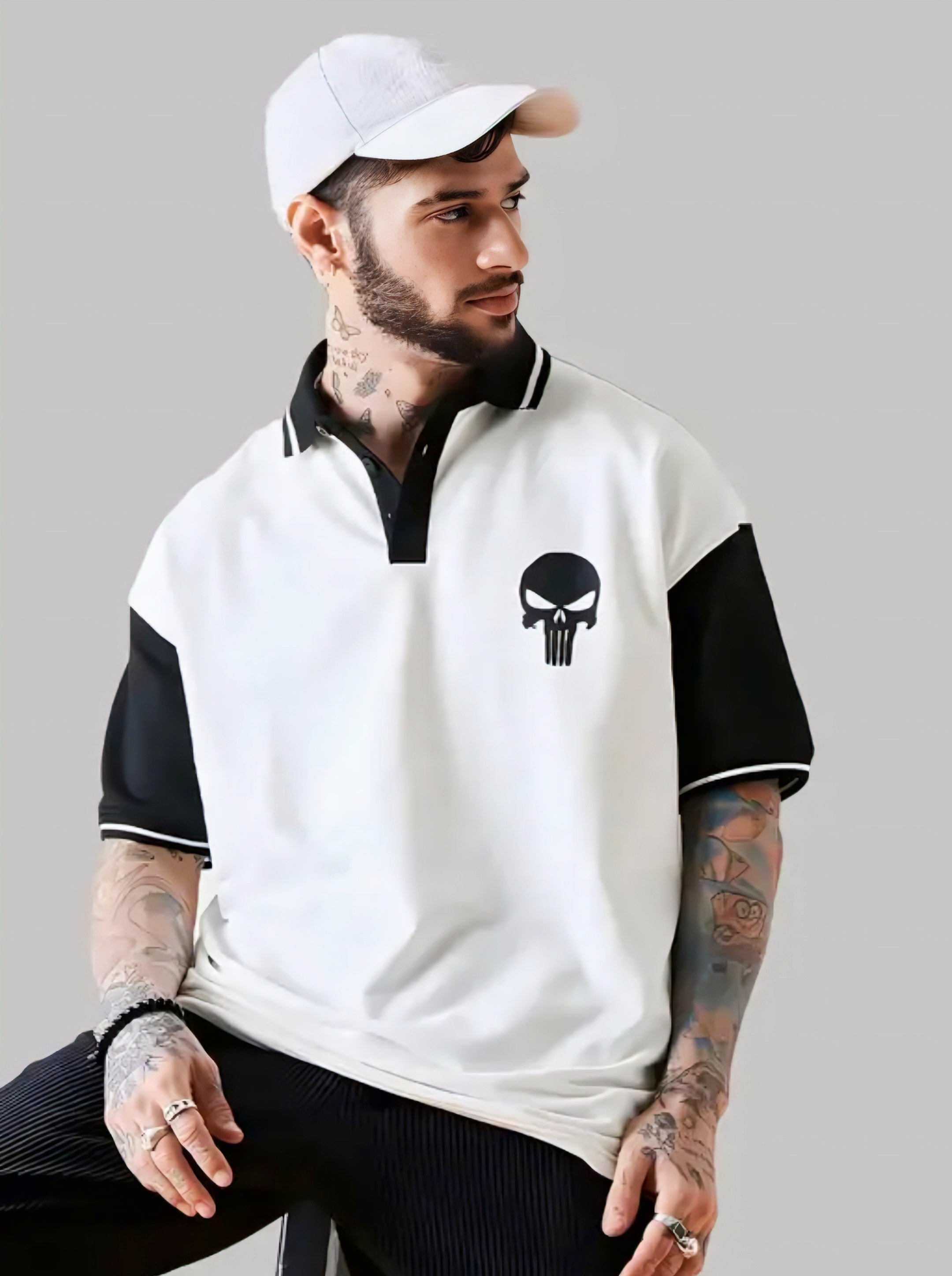 Floraluna Official Punisher: Logo Mens and Boys Polos Half Sleeve|Regular fit Graphic Printed| 100% Cotton White & Black Color Oversized Polos
