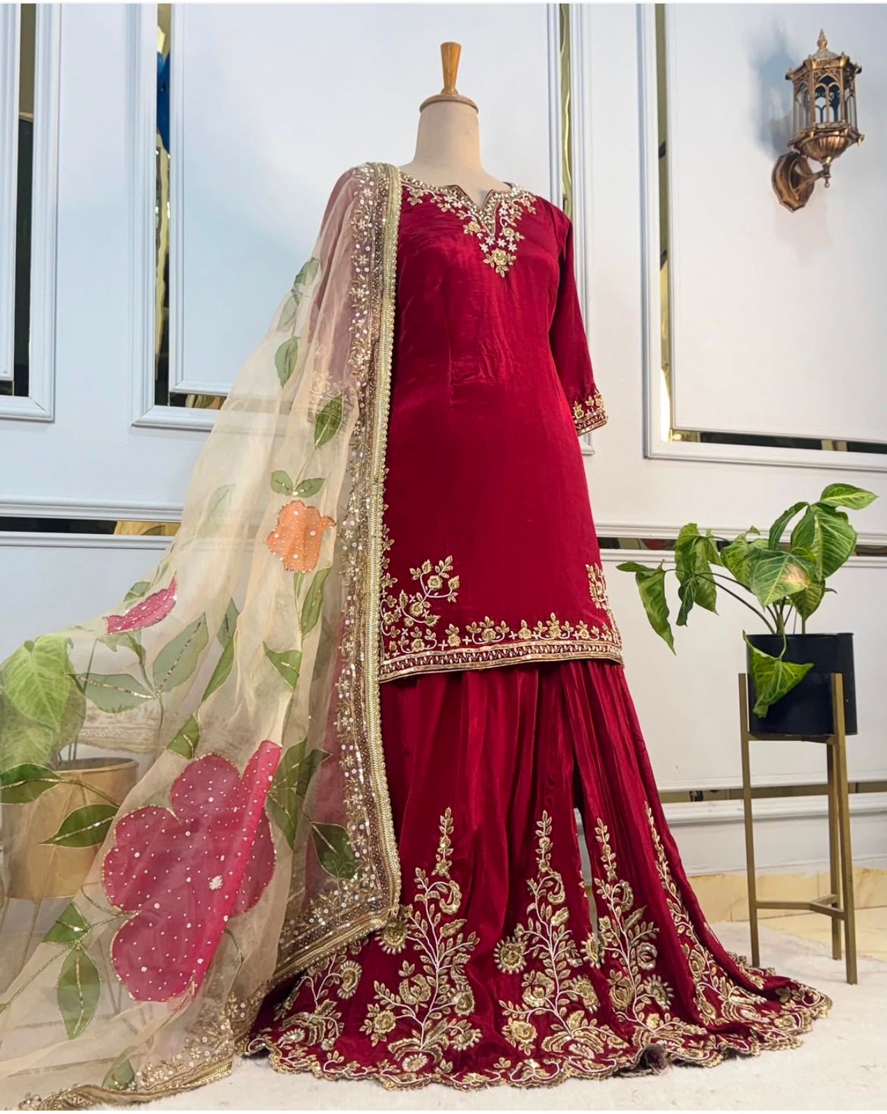 FloraLuna Elegant Maroon Velvet Sharara Suit
