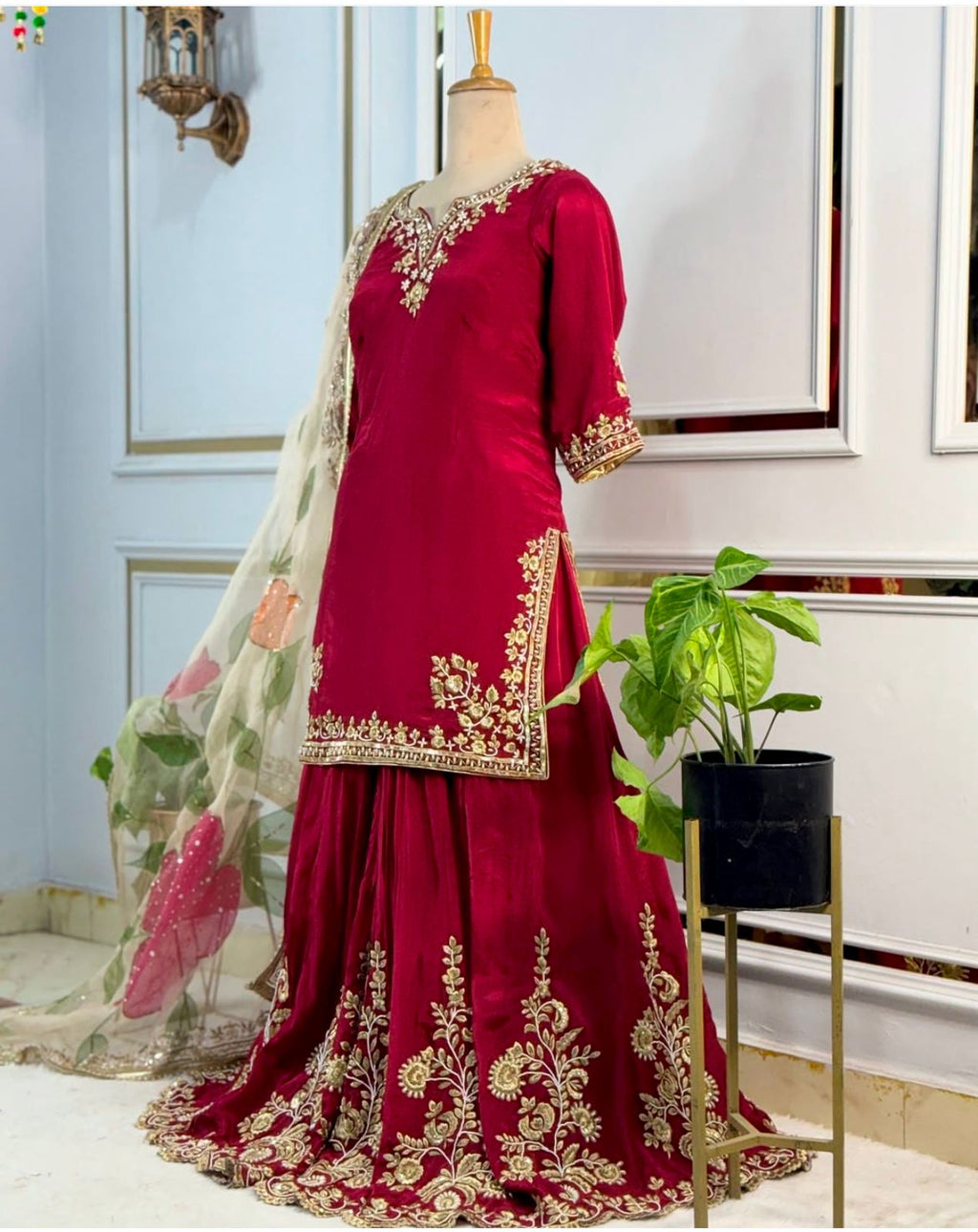 FloraLuna Elegant Maroon Velvet Sharara Suit