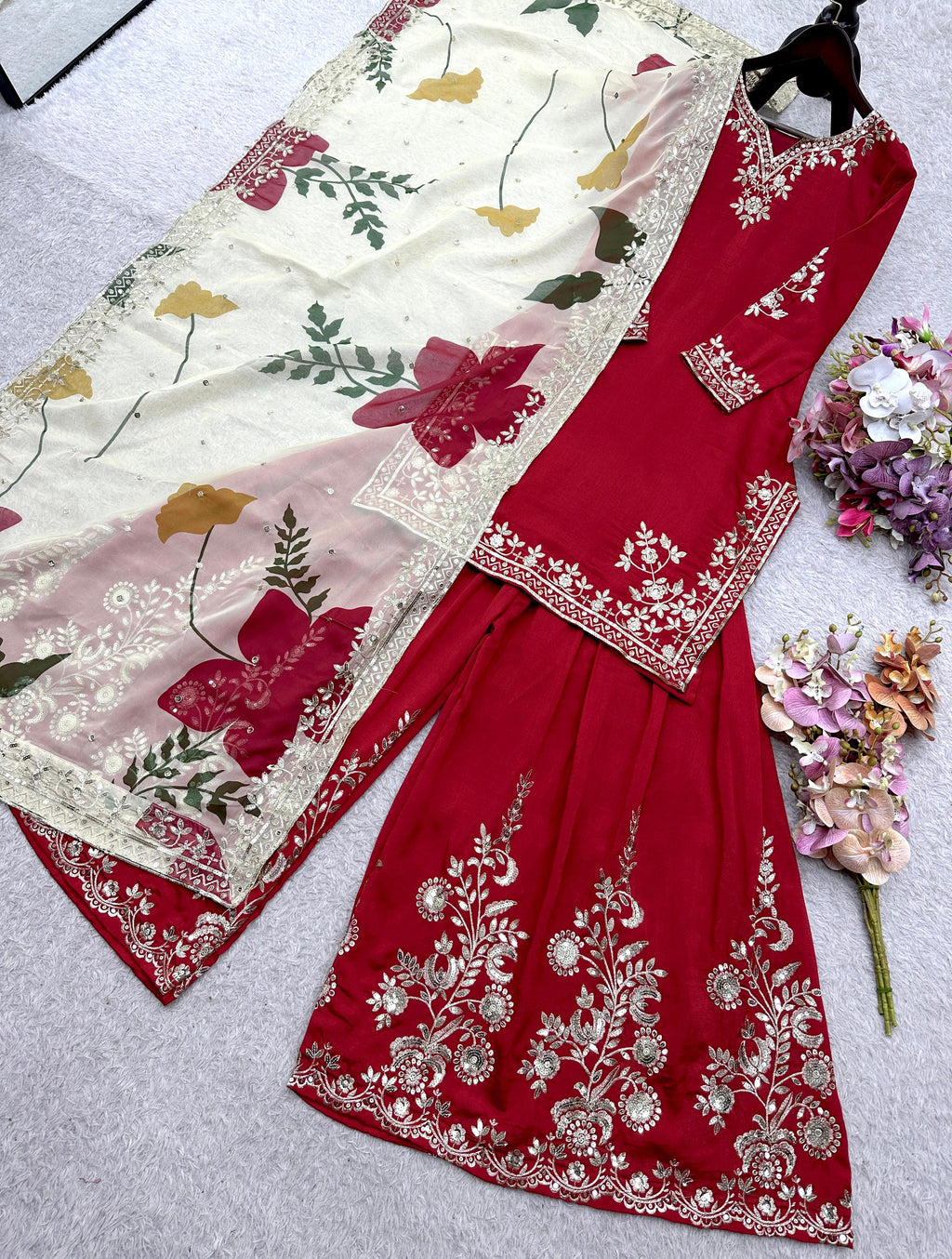 FloraLuna Elegant Maroon Velvet Sharara Suit