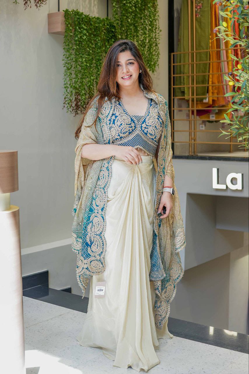 FloraLuna Designer Indo-Western Draped Saree Set with Blouse