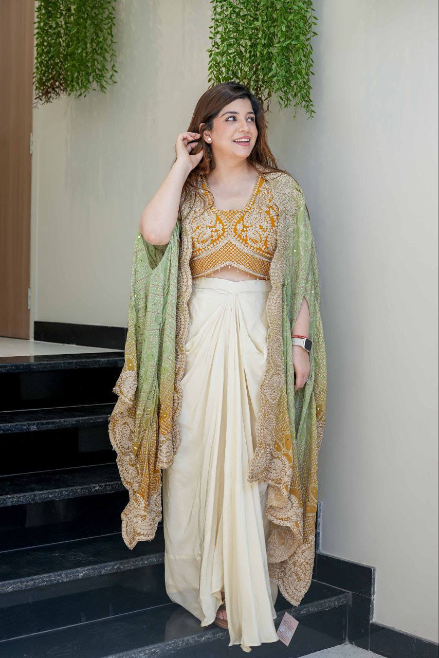 FloraLuna Designer Indo-Western Draped Saree Set with Blouse
