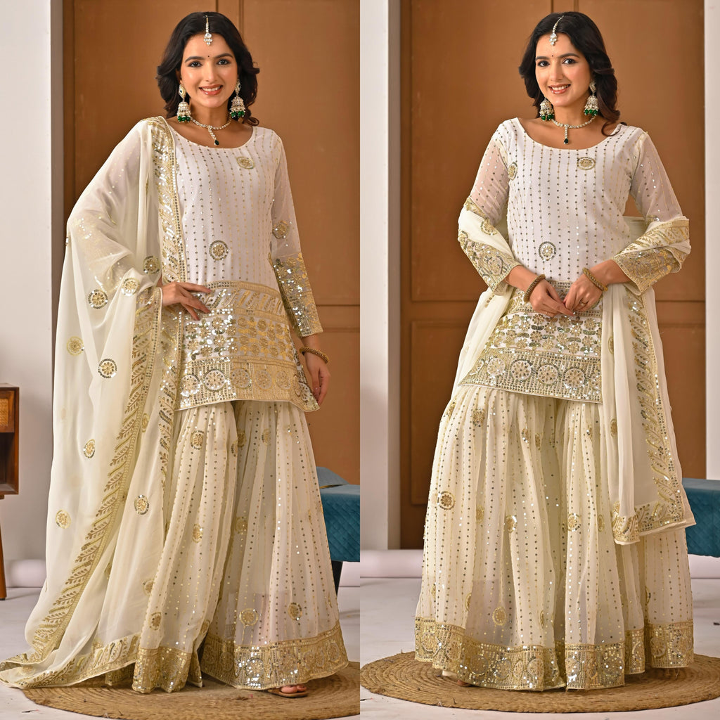 FLORALUNA Golden Aura Ivory Sharara Ensemble