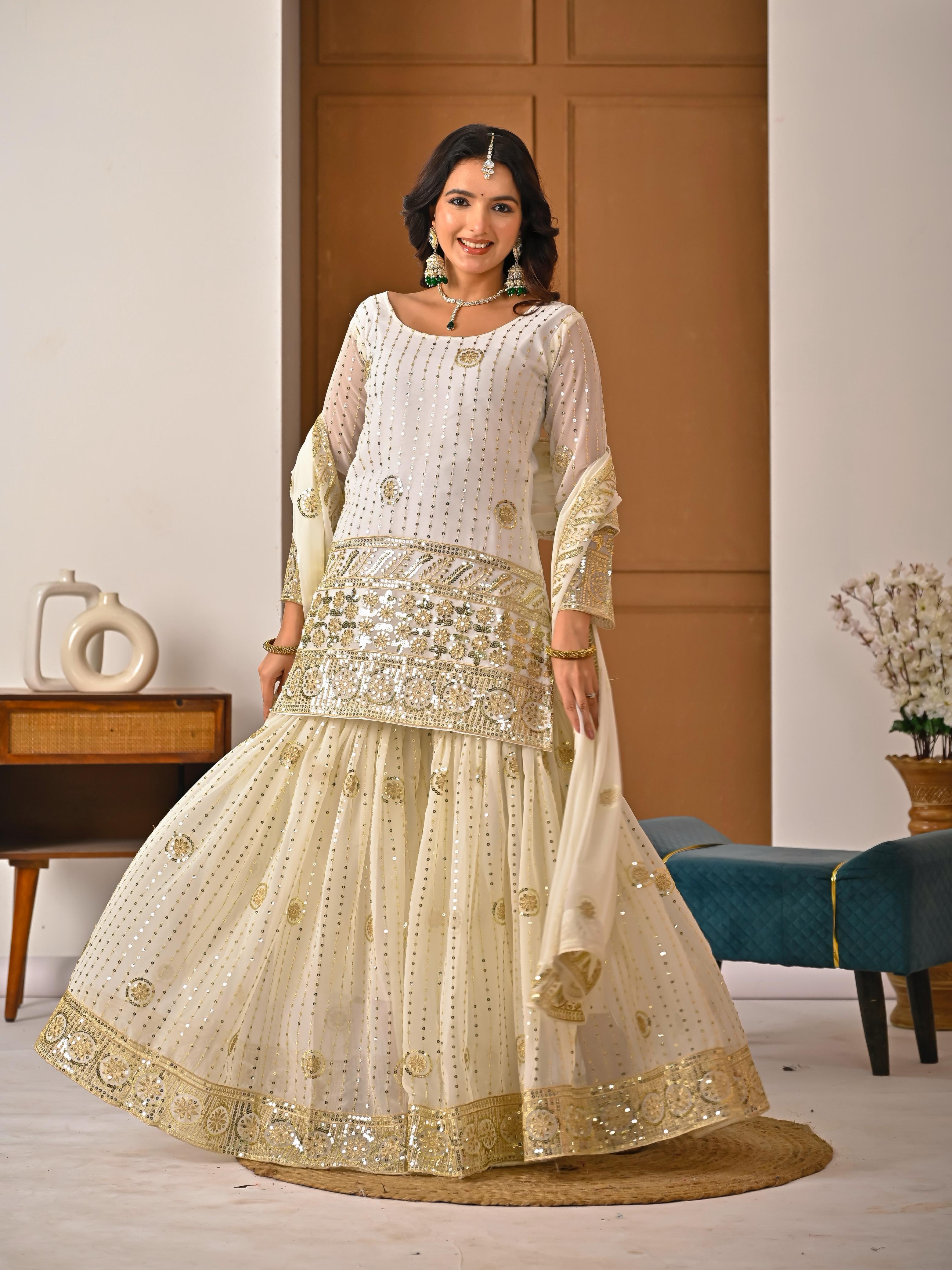 FLORALUNA Golden Aura Ivory Sharara Ensemble