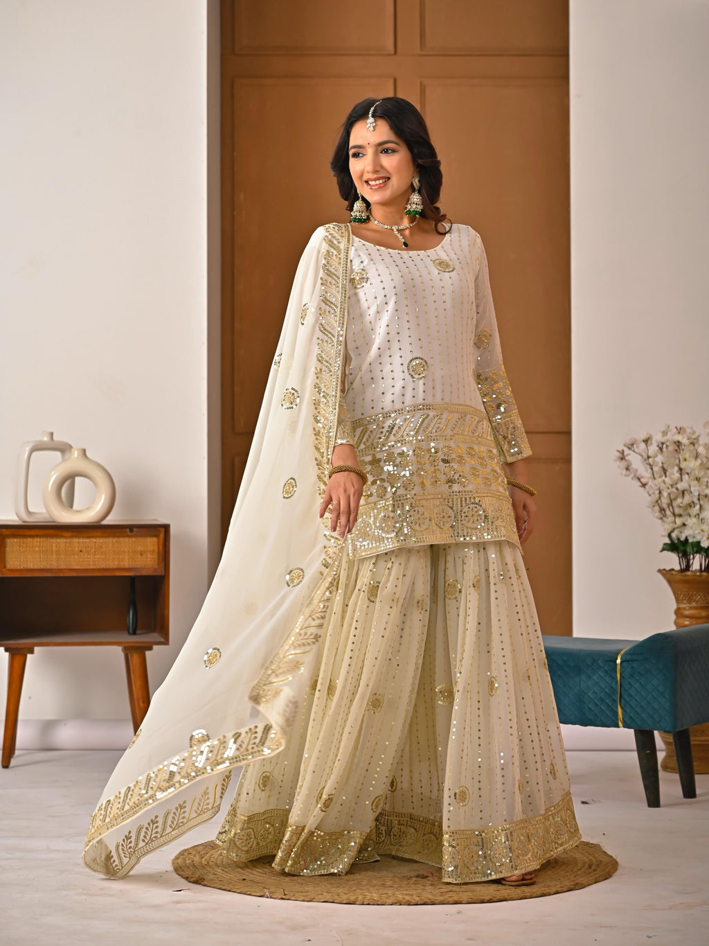 FLORALUNA Golden Aura Ivory Sharara Ensemble