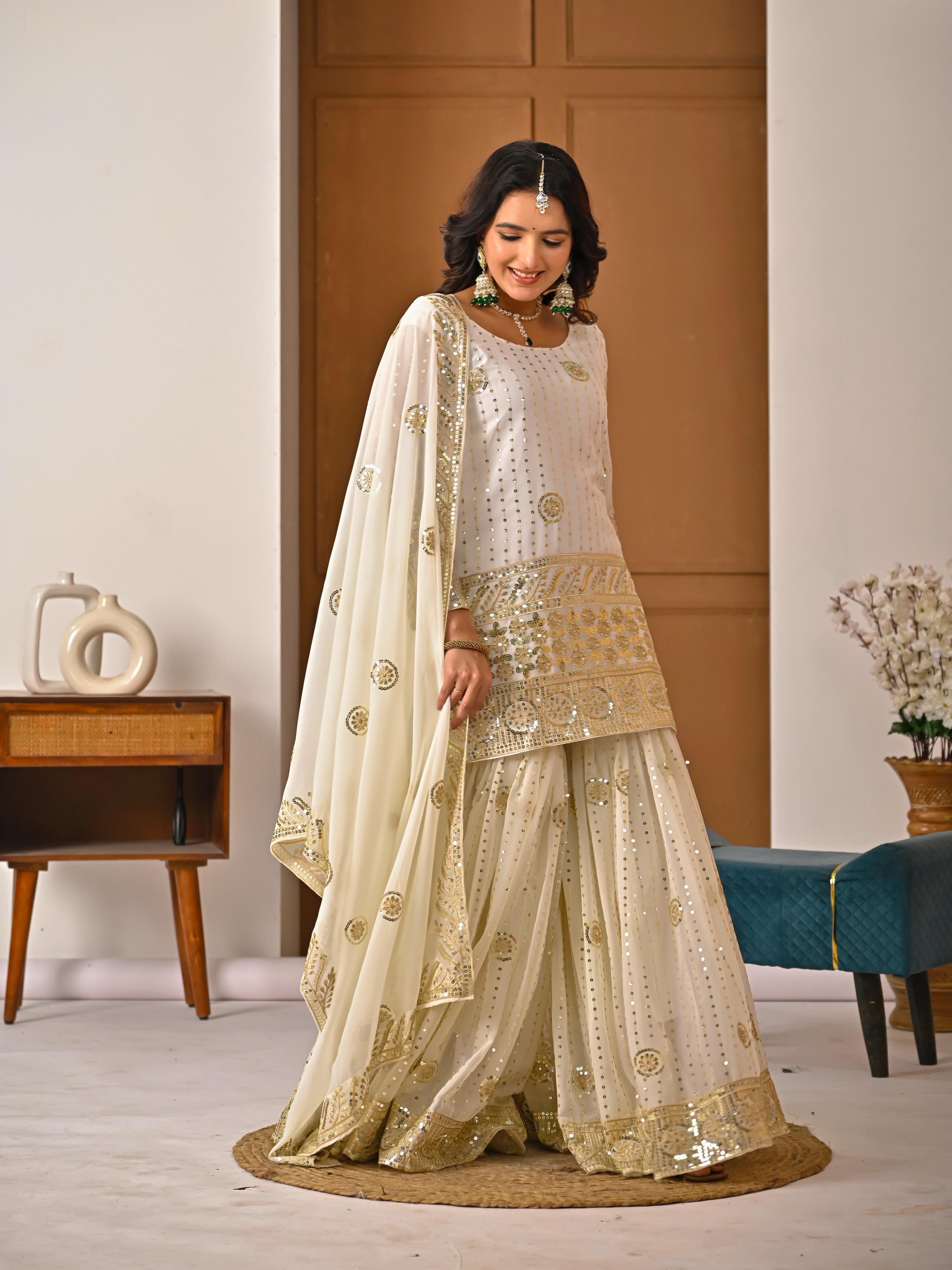 FLORALUNA Golden Aura Ivory Sharara Ensemble