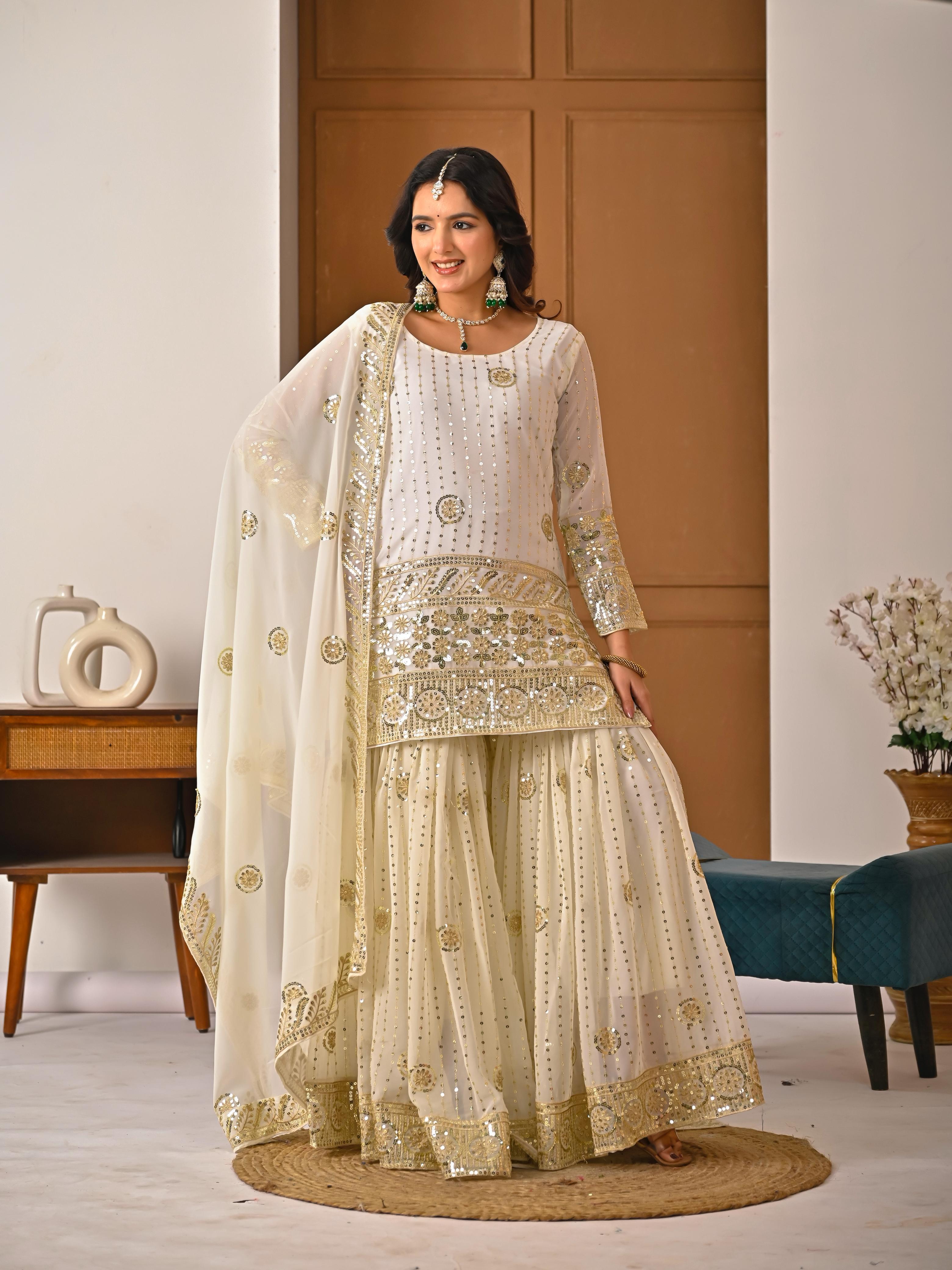 FLORALUNA Golden Aura Ivory Sharara Ensemble