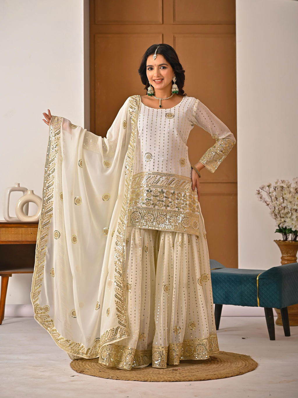 FLORALUNA Golden Aura Ivory Sharara Ensemble