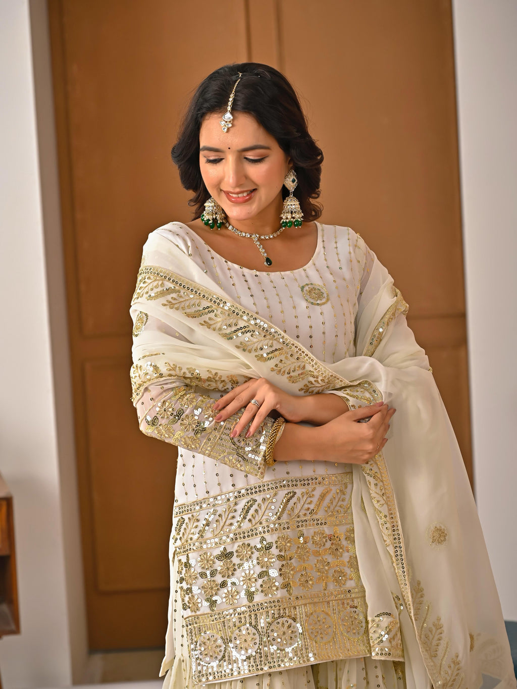 FLORALUNA Golden Aura Ivory Sharara Ensemble