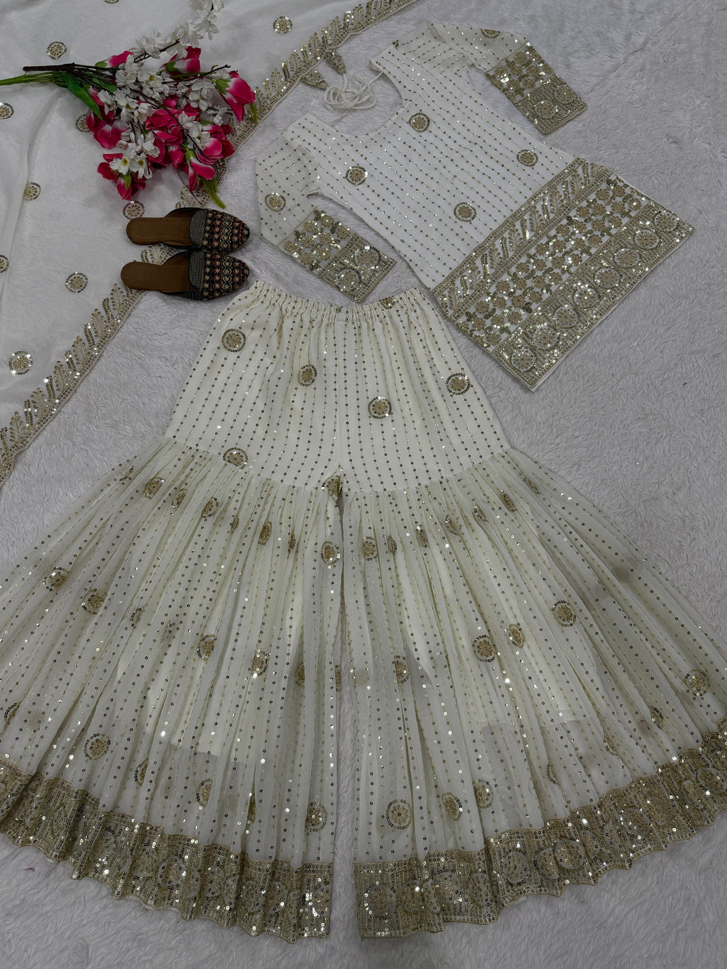 FLORALUNA Golden Aura Ivory Sharara Ensemble