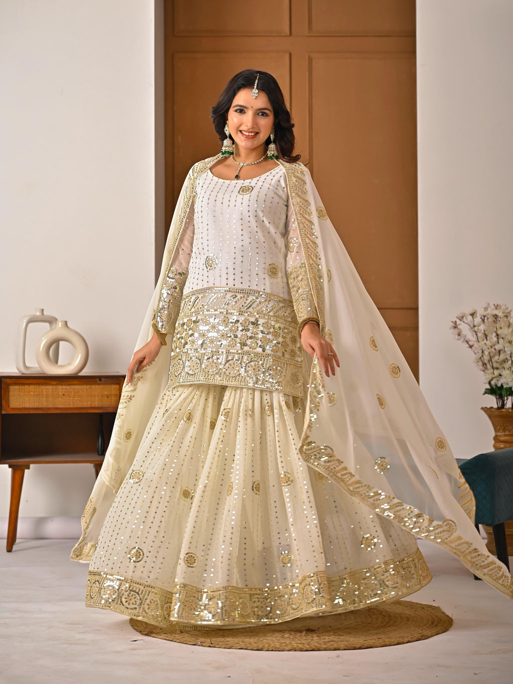 FLORALUNA Golden Aura Ivory Sharara Ensemble