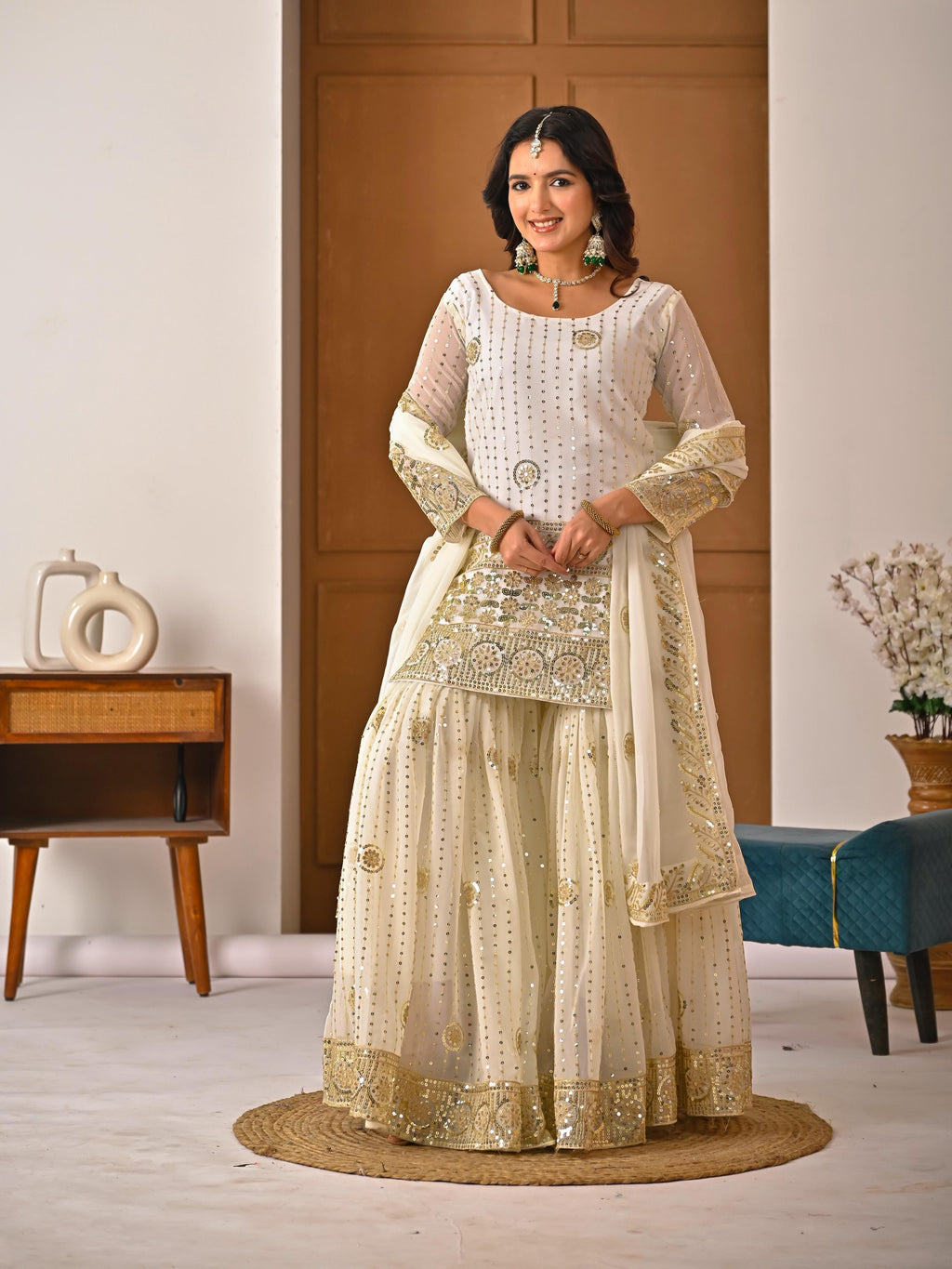 FLORALUNA Golden Aura Ivory Sharara Ensemble