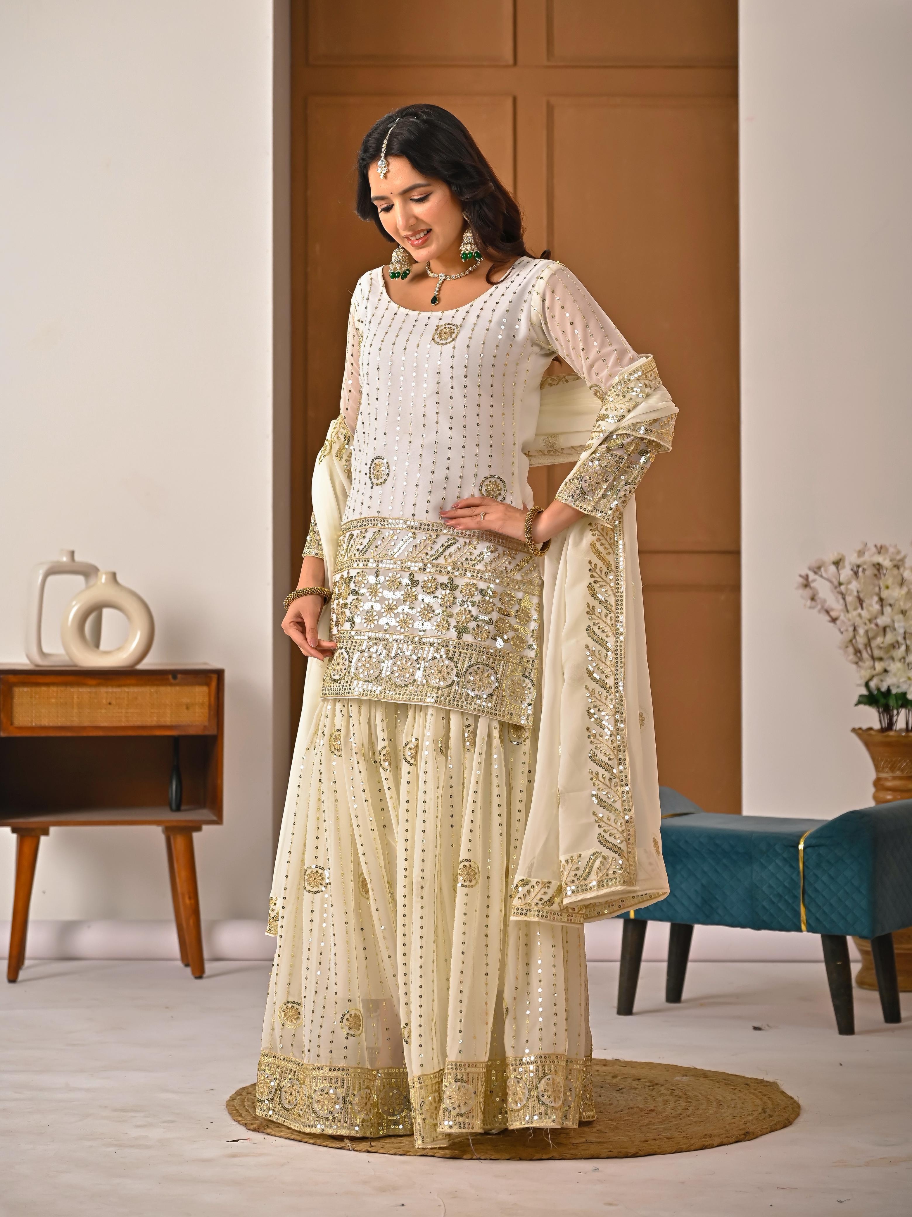 FLORALUNA Golden Aura Ivory Sharara Ensemble