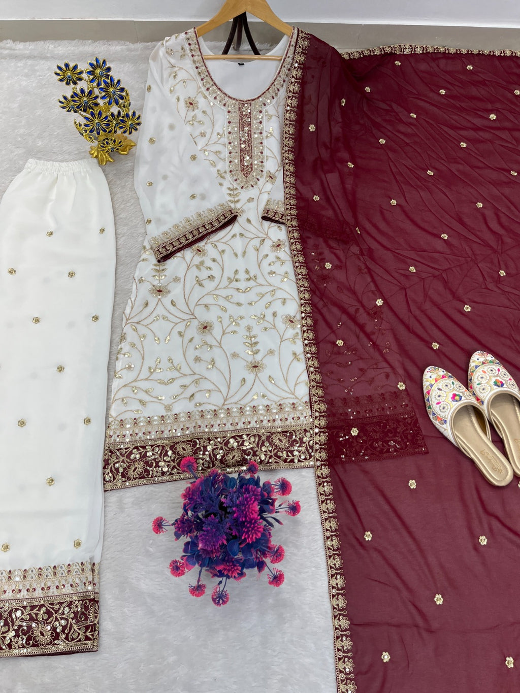 FloraLuna Zari Ivory with Maroon Dupatta Set