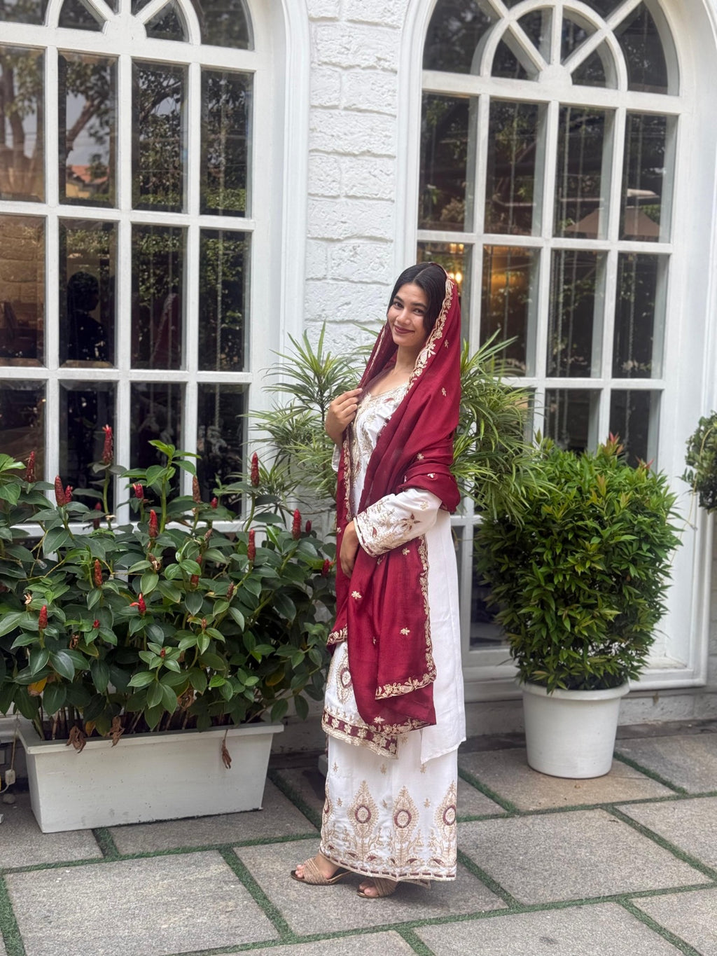 FloraLuna Zari Ivory with Maroon Dupatta Set