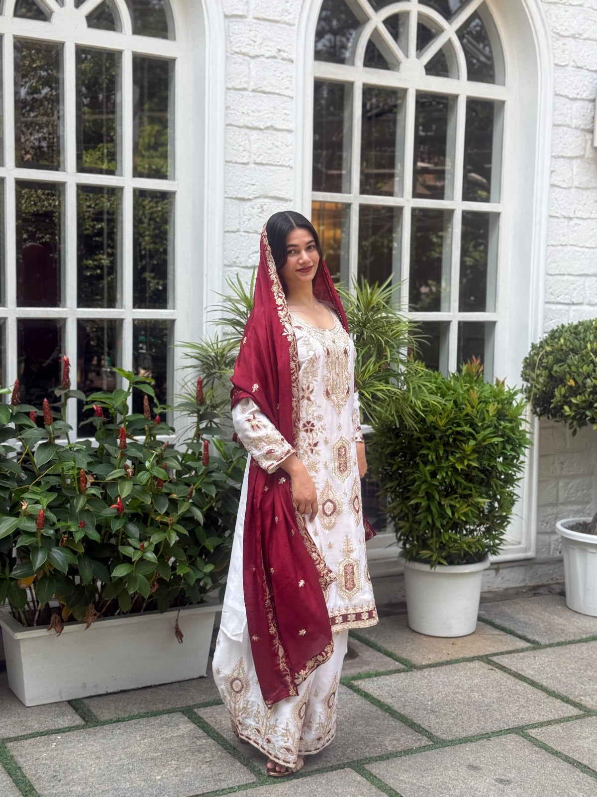 FloraLuna Zari Ivory with Maroon Dupatta Set