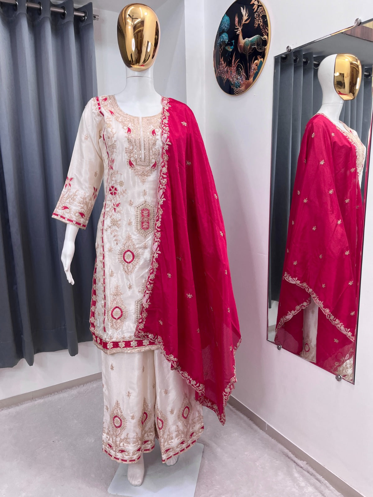 FloraLuna Zari Ivory with Maroon Dupatta Set