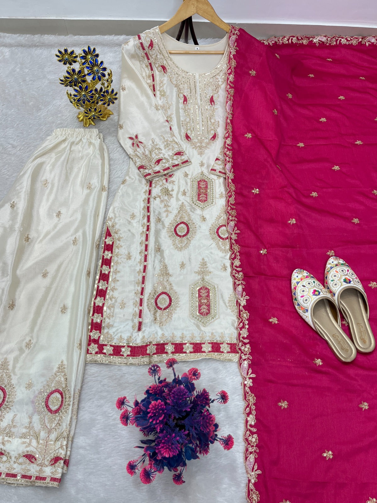 FloraLuna Zari Ivory with Maroon Dupatta Set