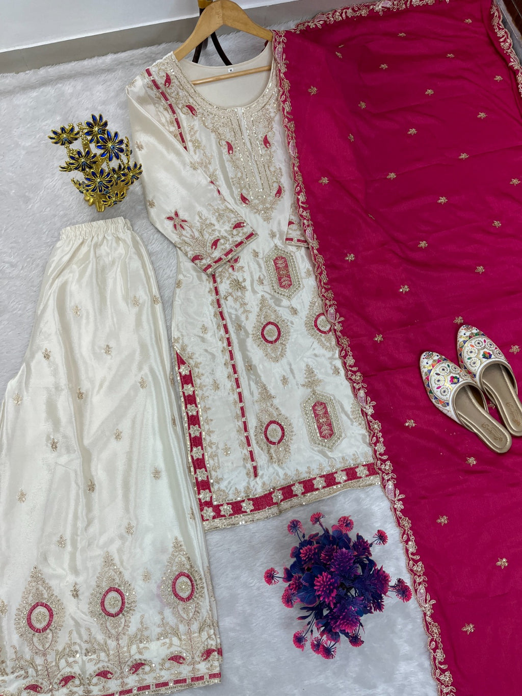 FloraLuna Zari Ivory with Maroon Dupatta Set