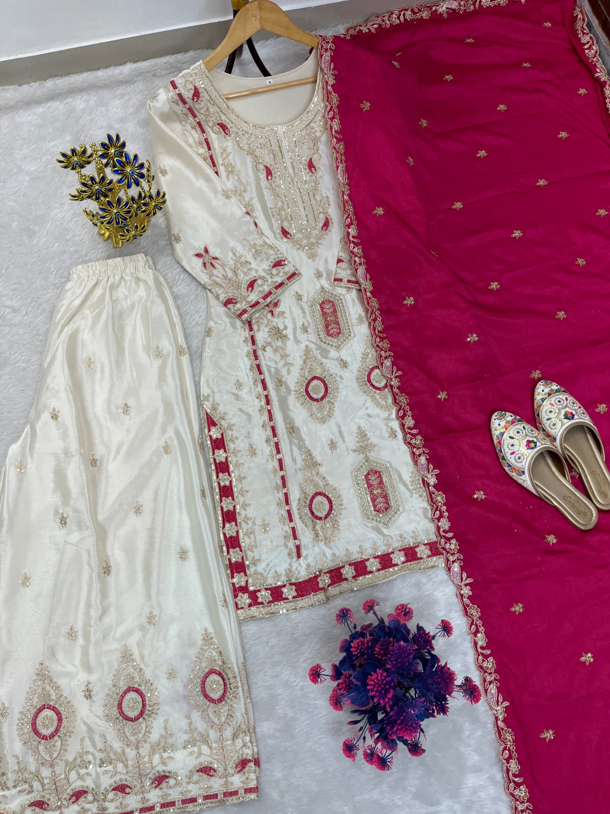 FloraLuna Zari Ivory with Maroon Dupatta Set