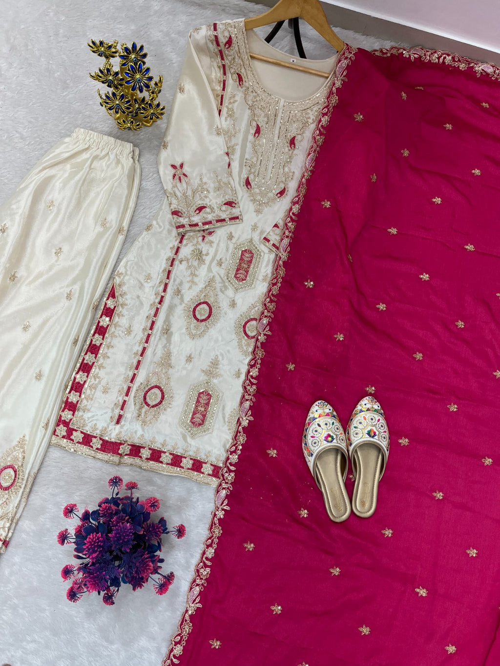 FloraLuna Zari Ivory with Maroon Dupatta Set