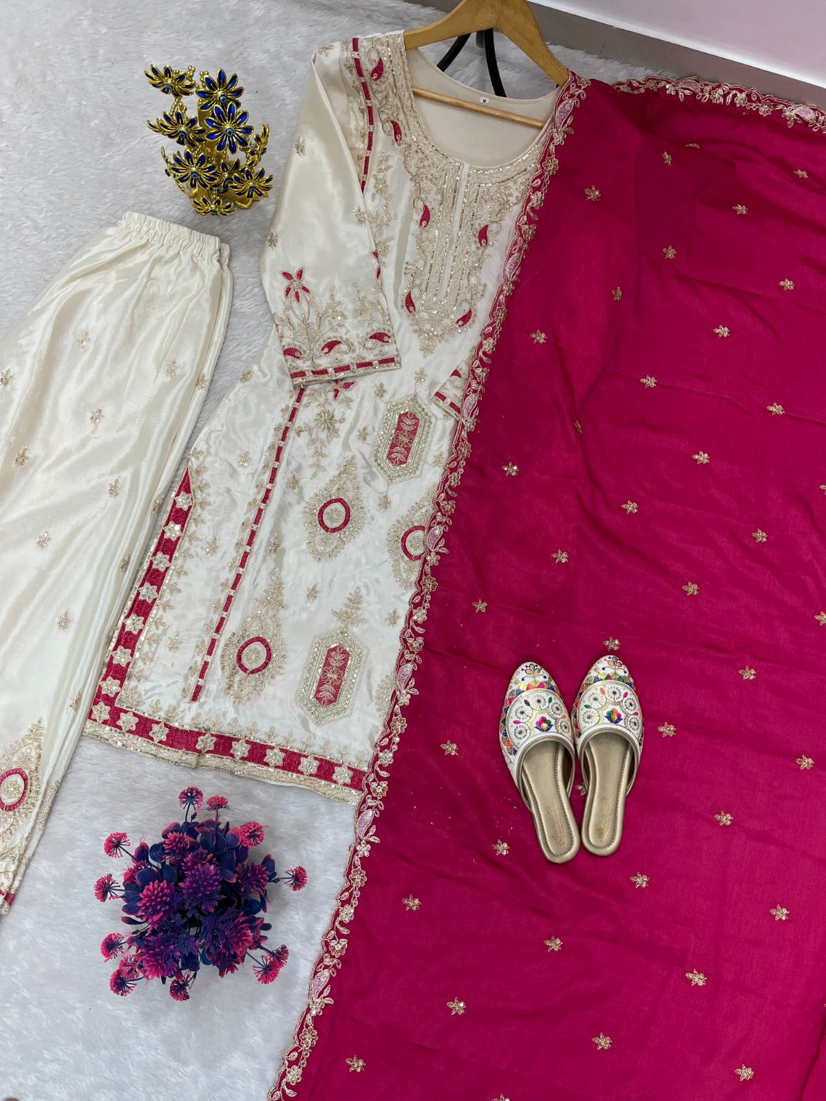 FloraLuna Zari Ivory with Maroon Dupatta Set