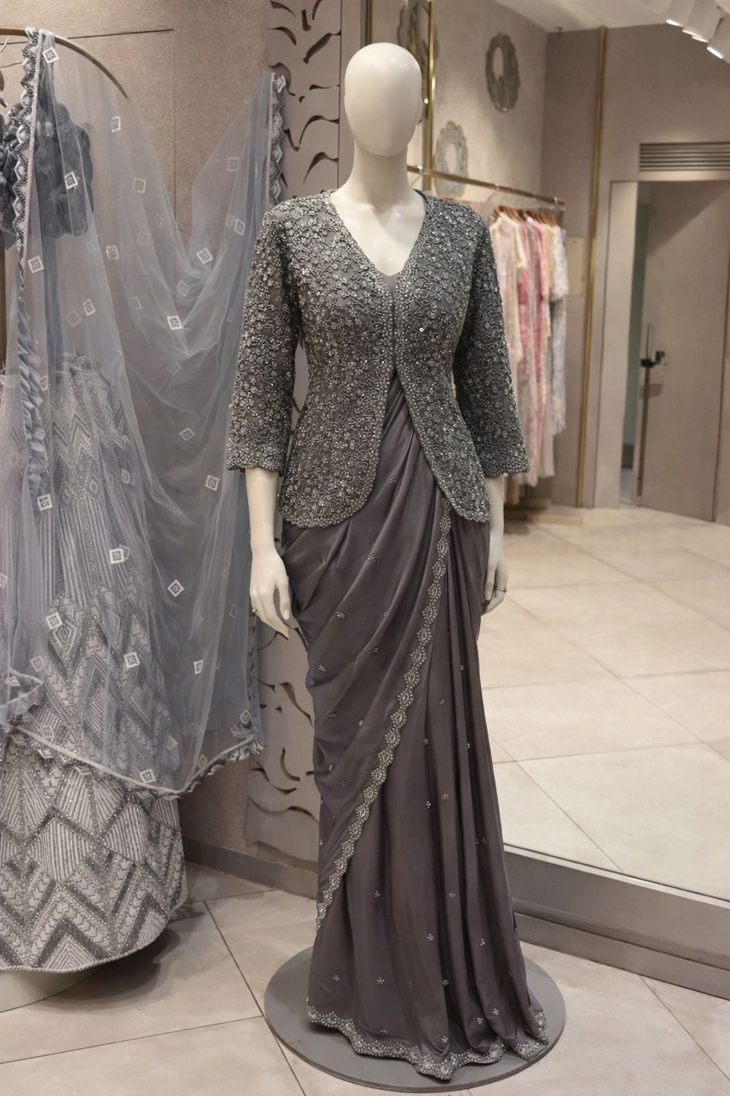 Charcoal Mauve Georgette Saree with Scalloped Cutwork