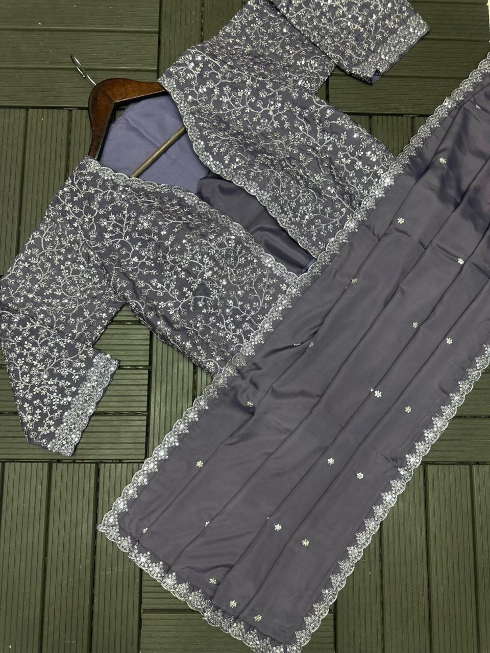 Charcoal Mauve Georgette Saree with Scalloped Cutwork