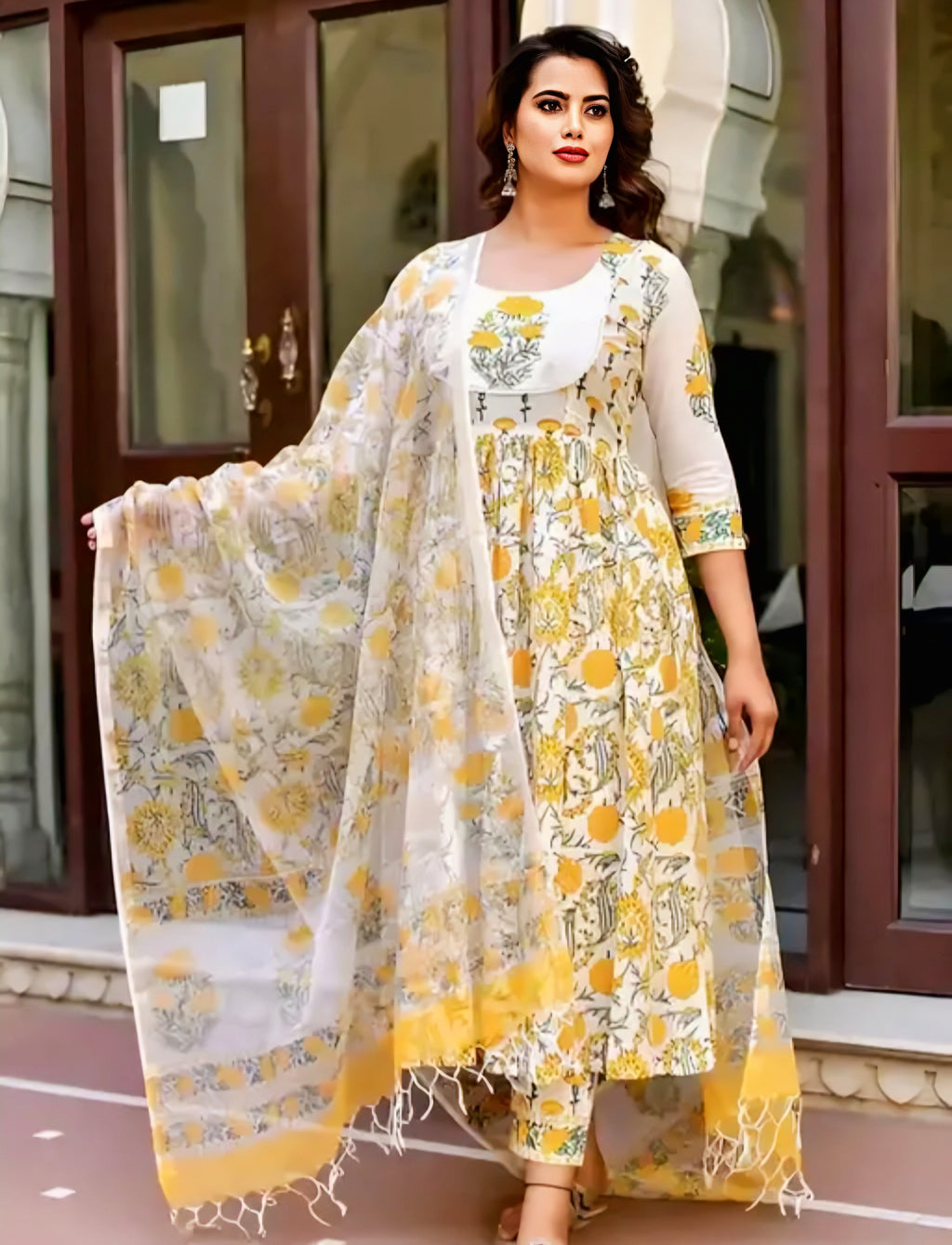 Floraluna Women Block Printed Anarkali Kurta and Pant Set With Dupatta