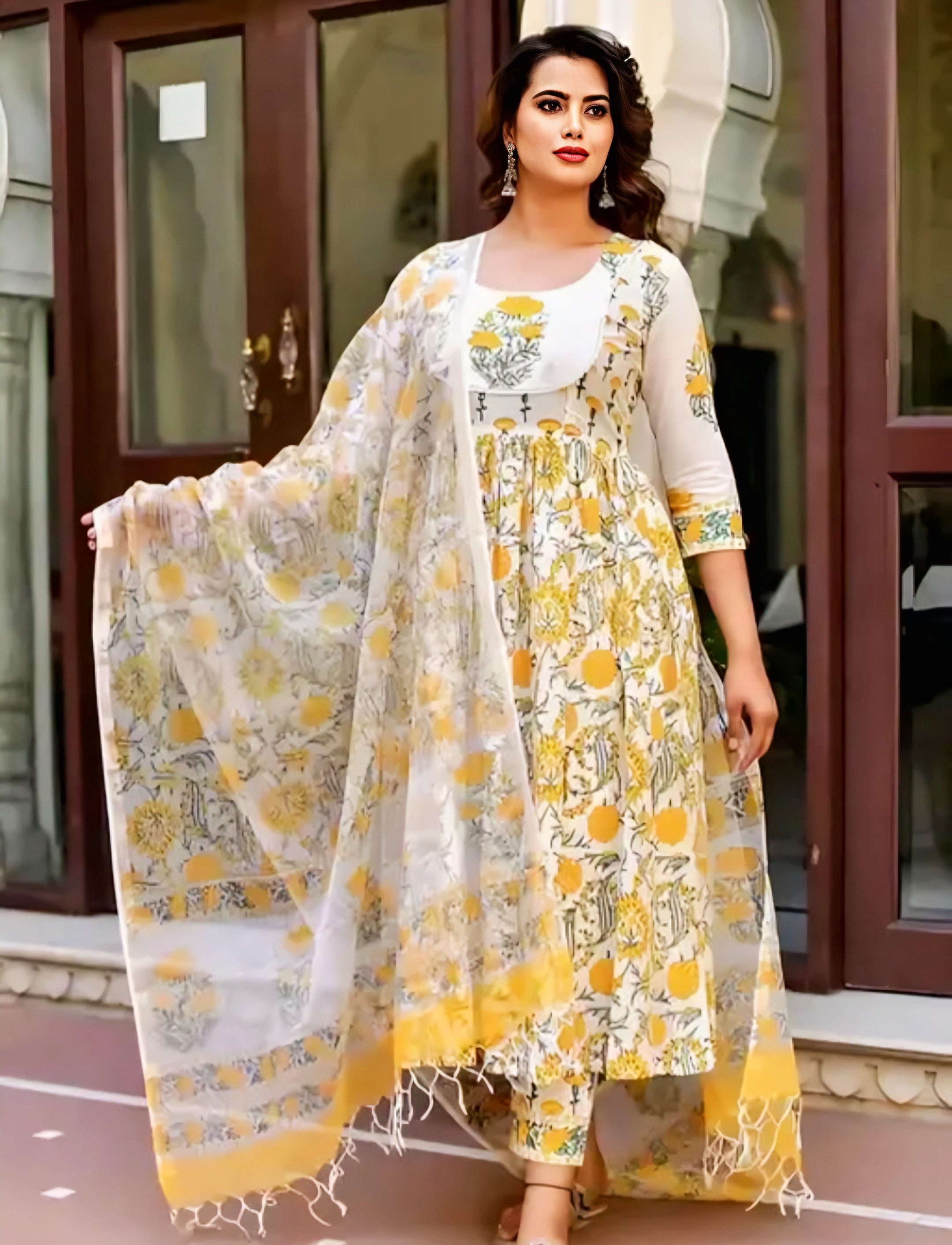 Floraluna Women Block Printed Anarkali Kurta and Pant Set With Dupatta