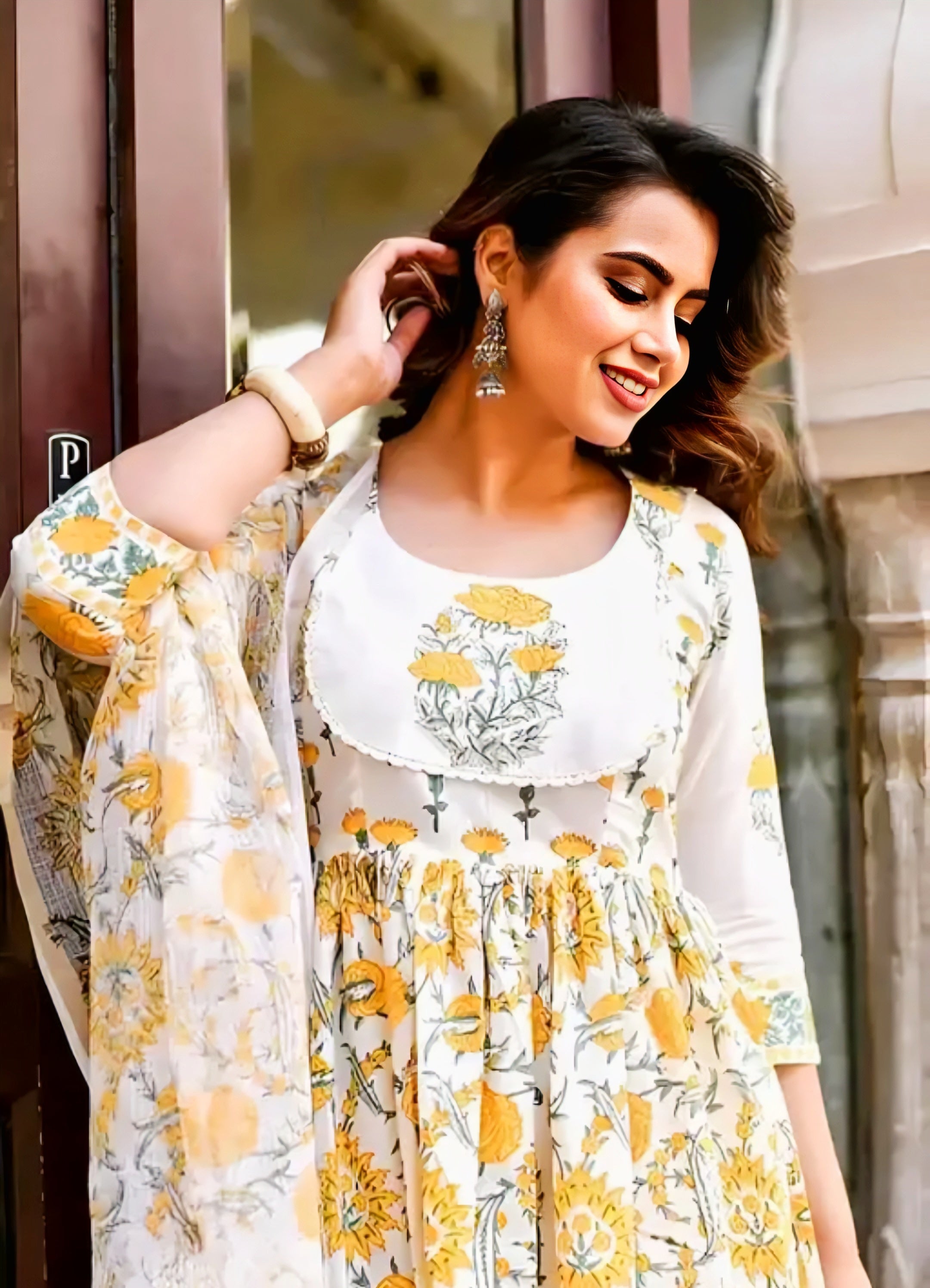 Floraluna Women Block Printed Anarkali Kurta and Pant Set With Dupatta