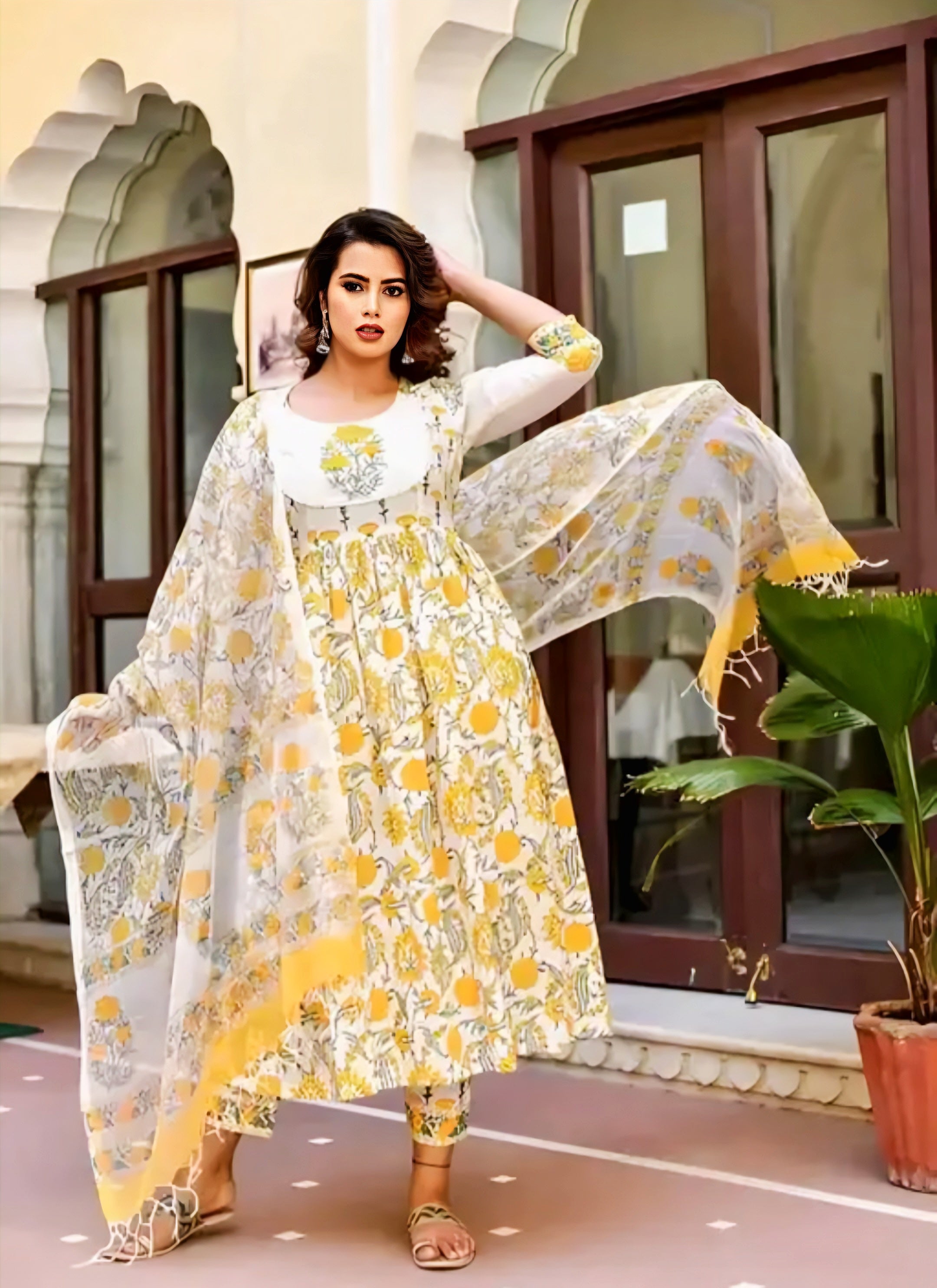 Floraluna Women Block Printed Anarkali Kurta and Pant Set With Dupatta