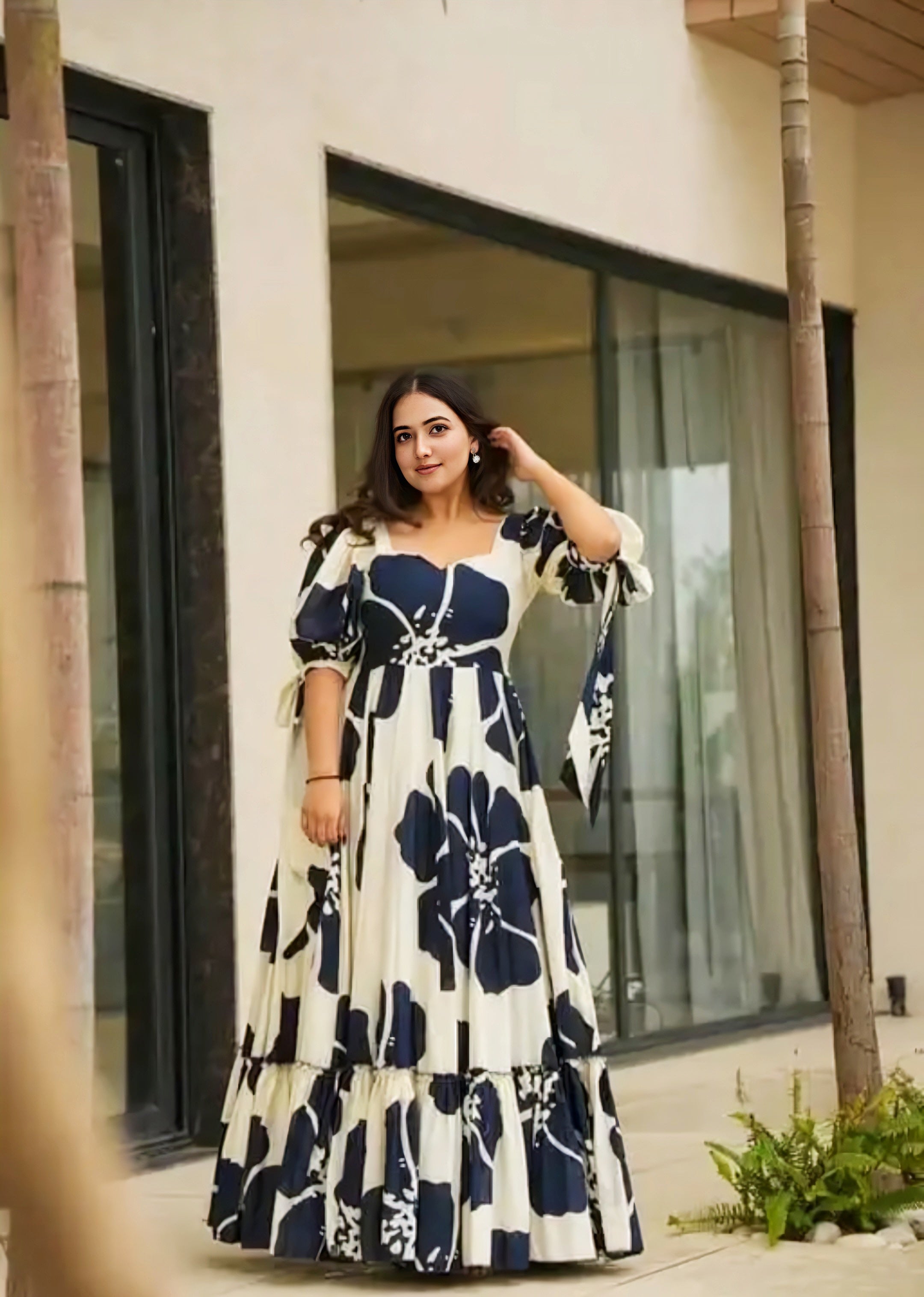 Floraluna Women's Rayon Floral Printed Indo-Western Ethnic Long One Piece || Half Sleeve Sweerth Neck Fit & Flare Flared Hem Design || A-Line Maxi Casual Wear