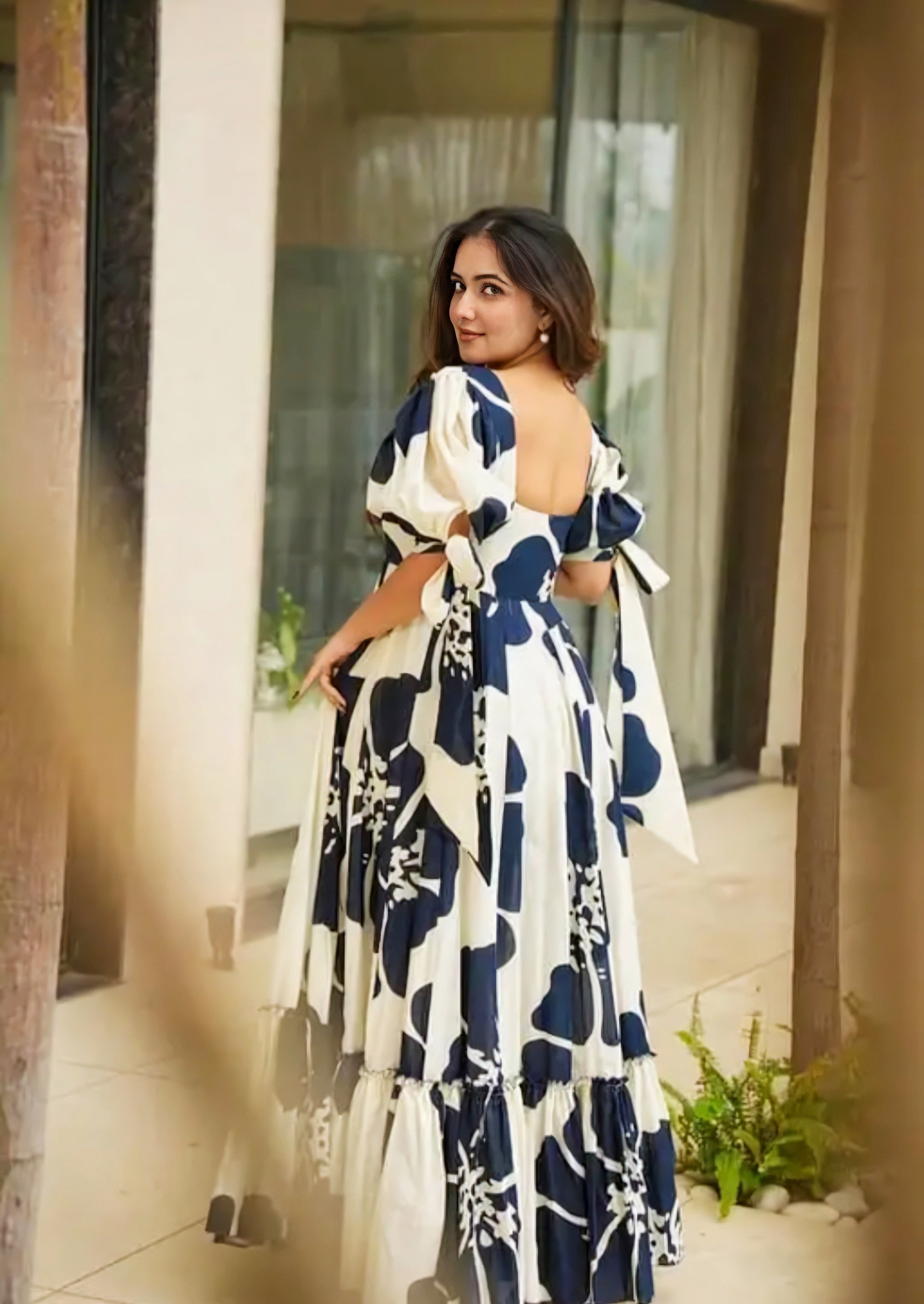 Floraluna Women's Rayon Floral Printed Indo-Western Ethnic Long One Piece || Half Sleeve Sweerth Neck Fit & Flare Flared Hem Design || A-Line Maxi Casual Wear