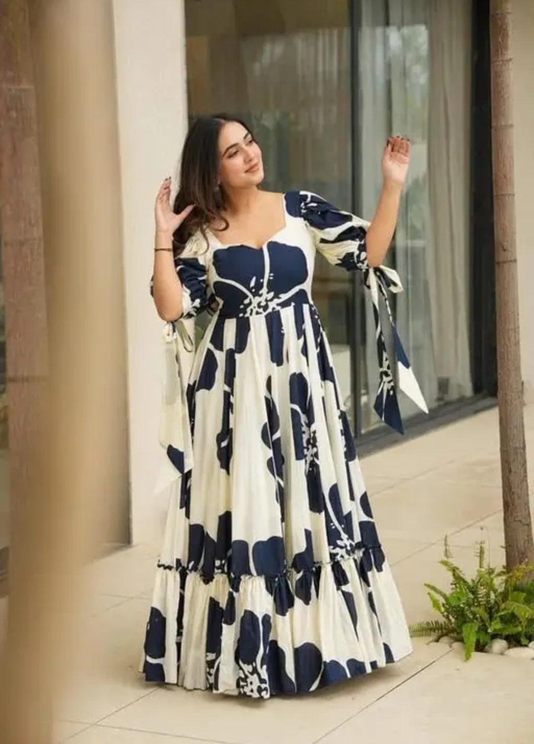 Floraluna Women's Rayon Floral Printed Indo-Western Ethnic Long One Piece || Half Sleeve Sweerth Neck Fit & Flare Flared Hem Design || A-Line Maxi Casual Wear