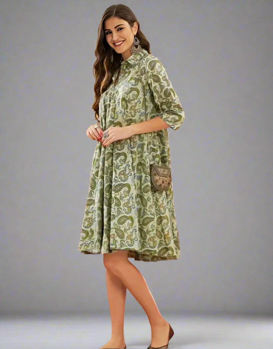 Sage Green Paisley Print Flared Dress