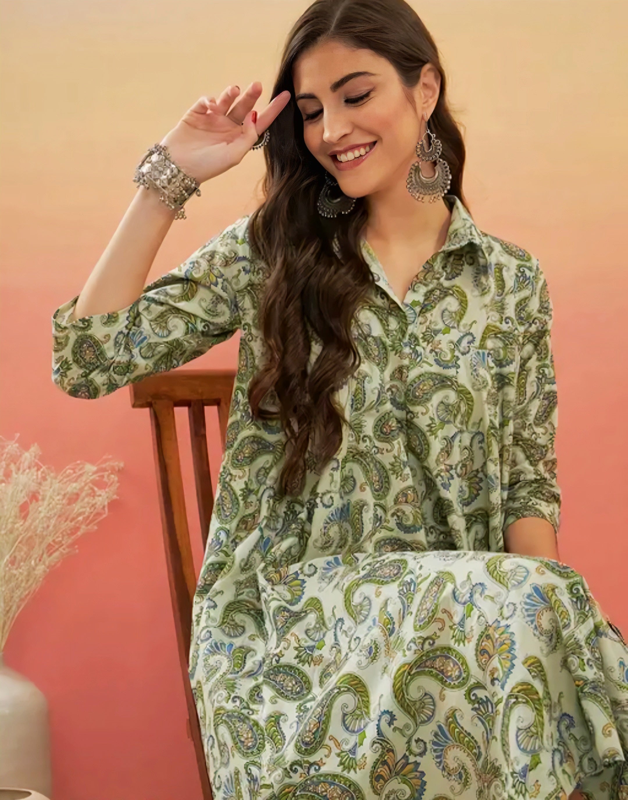 Sage Green Paisley Print Flared Dress