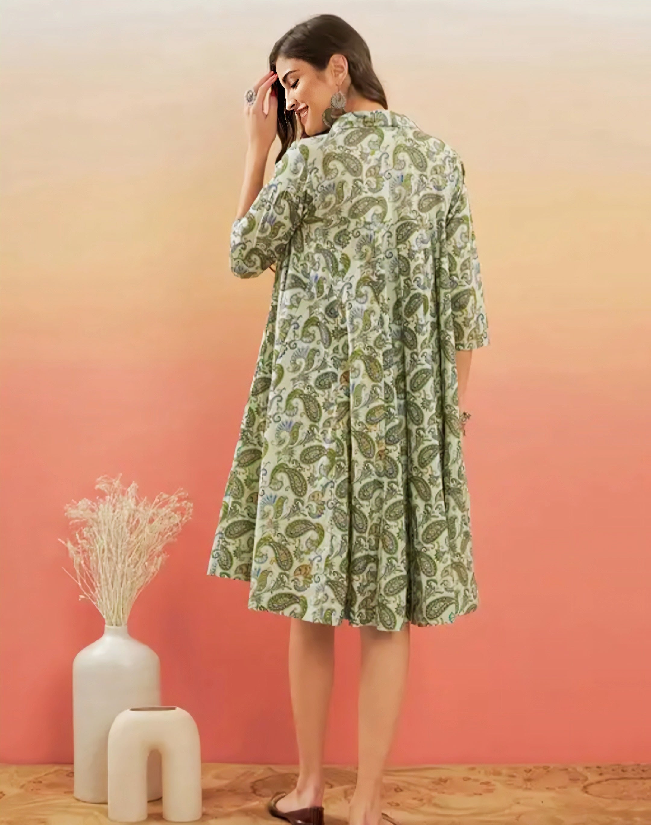 Sage Green Paisley Print Flared Dress