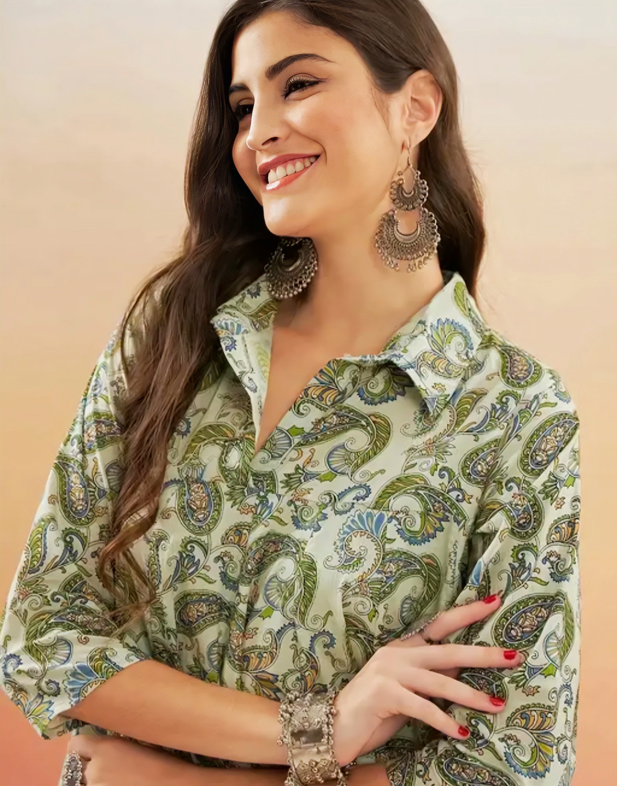Sage Green Paisley Print Flared Dress