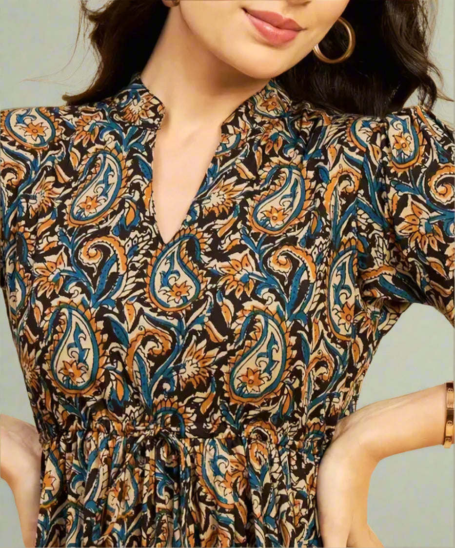 Floraluna Brown Ethnic Printed Cotton Midi Dress for Women | V-Neck Casual Daily Wear Dress | Fit & Flare Summer Dress