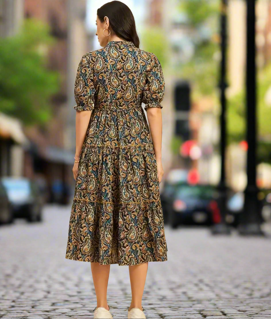 Floraluna Brown Ethnic Printed Cotton Midi Dress for Women | V-Neck Casual Daily Wear Dress | Fit & Flare Summer Dress