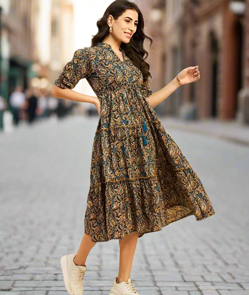 Floraluna Brown Ethnic Printed Cotton Midi Dress for Women | V-Neck Casual Daily Wear Dress | Fit & Flare Summer Dress