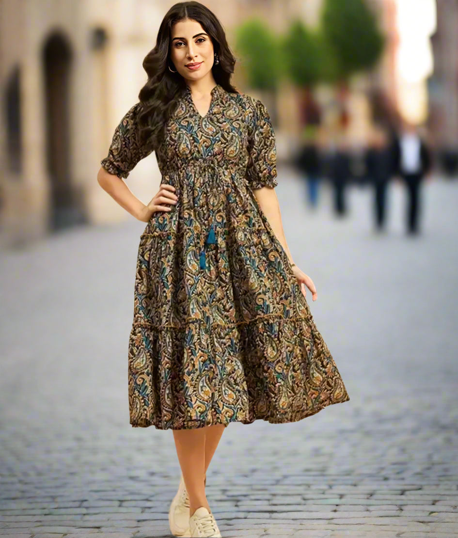 Floraluna Brown Ethnic Printed Cotton Midi Dress for Women | V-Neck Casual Daily Wear Dress | Fit & Flare Summer Dress