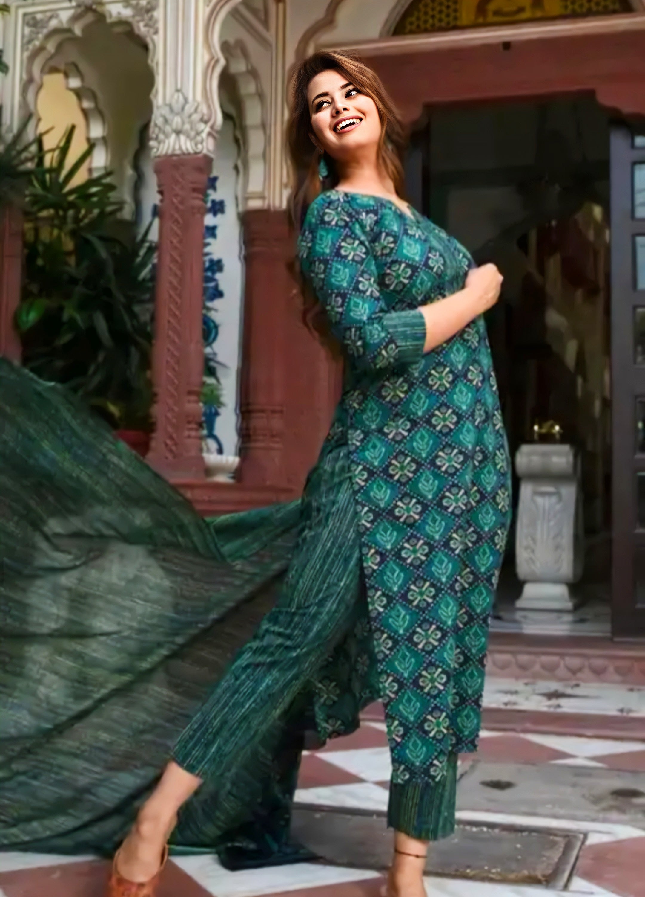 Floraluna Cotton Blend Printed Kurta Set with Kota Dupatta