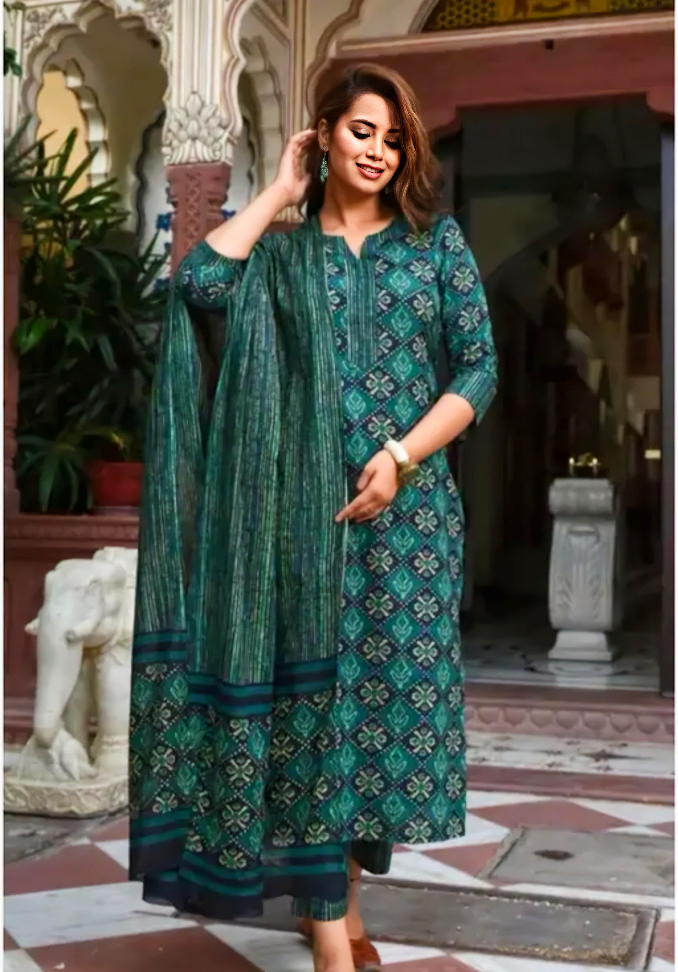 Floraluna Cotton Blend Printed Kurta Set with Kota Dupatta