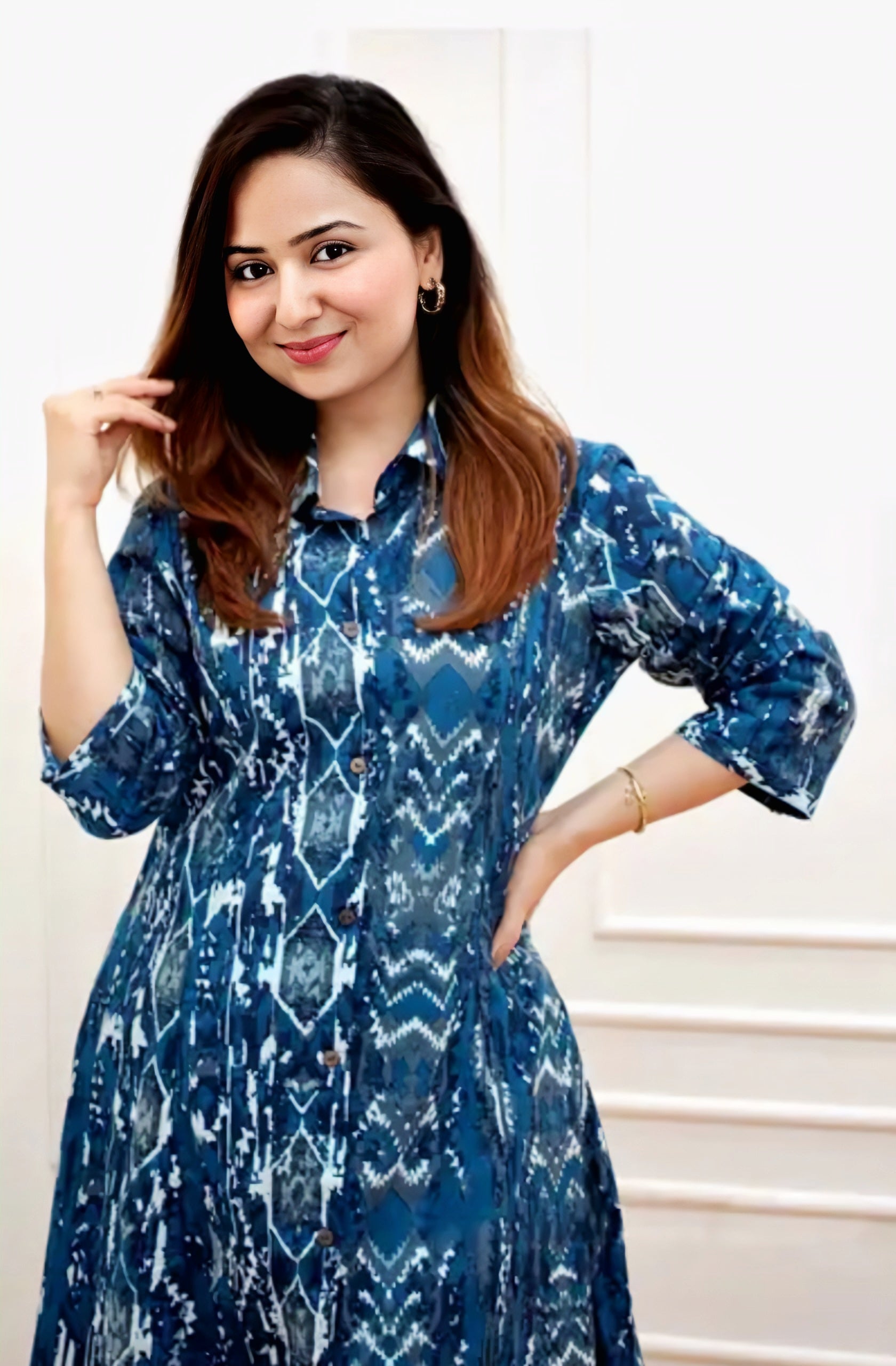 Floral Printed Shirt Collar High-Low A-Line Kurta With Trousers