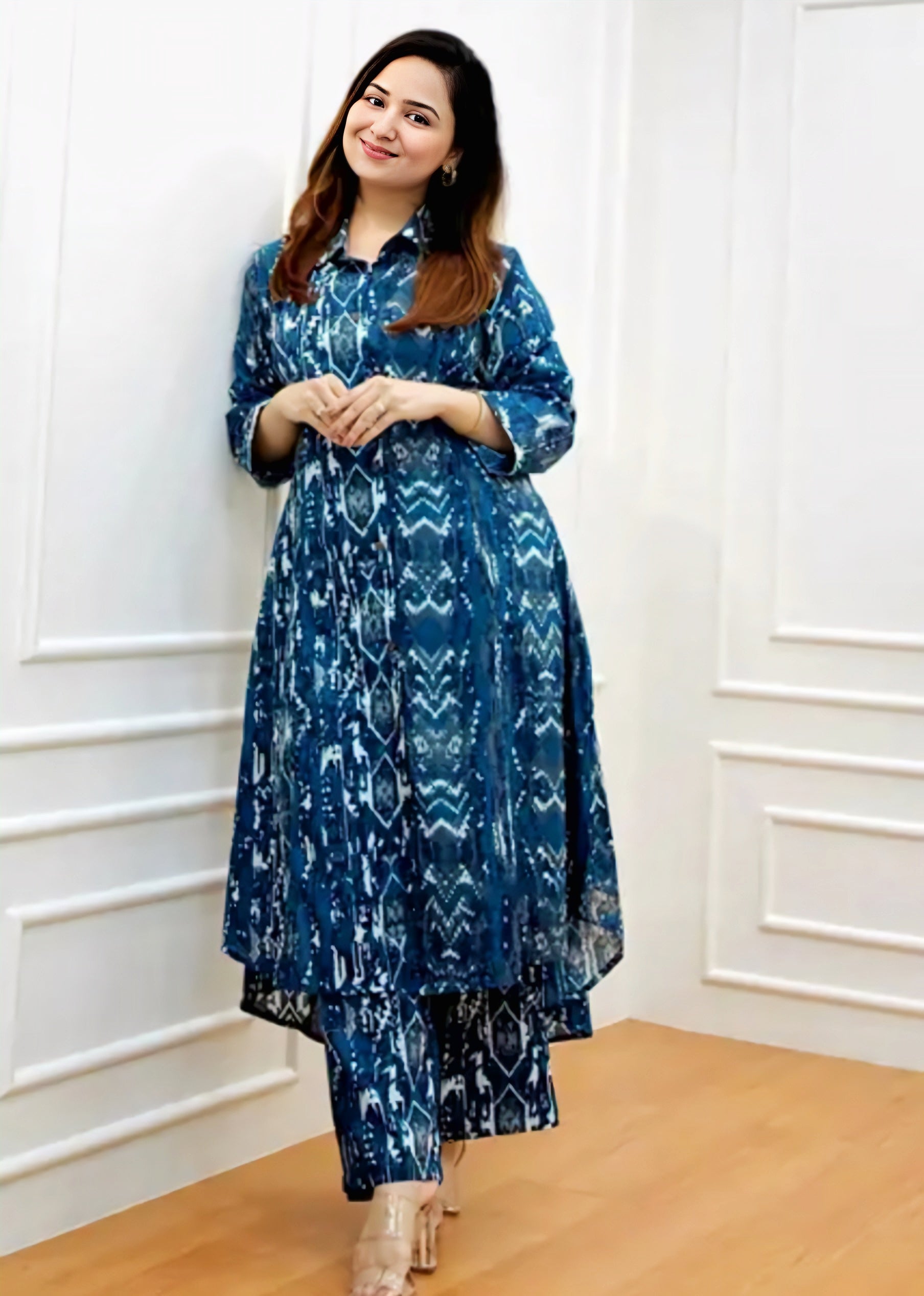 Floral Printed Shirt Collar High-Low A-Line Kurta With Trousers