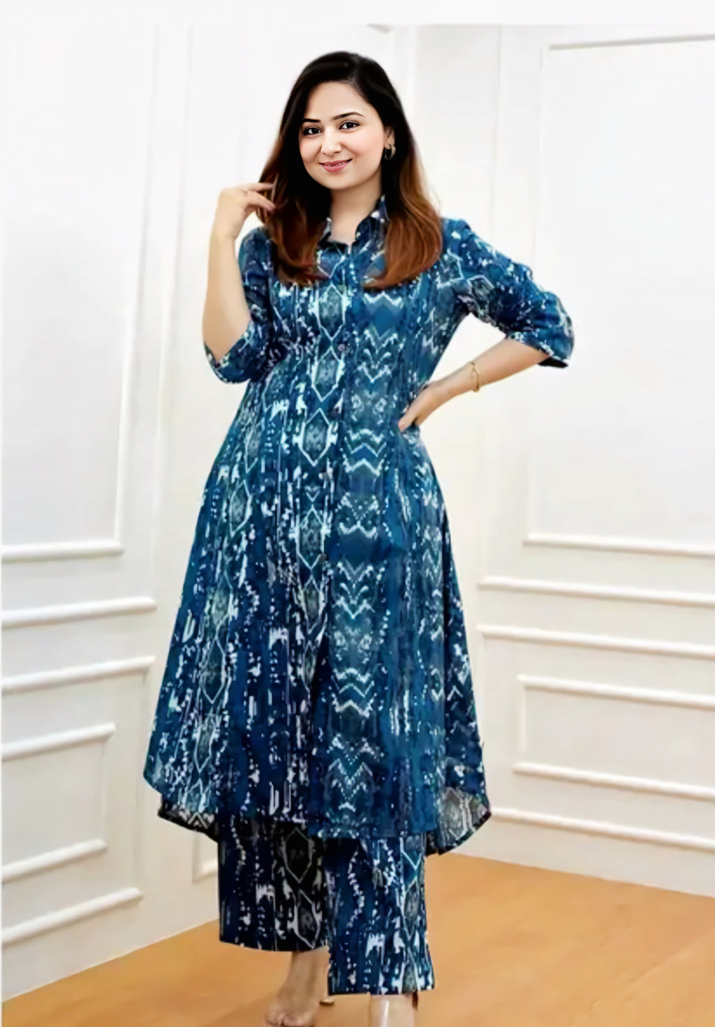 Floral Printed Shirt Collar High-Low A-Line Kurta With Trousers