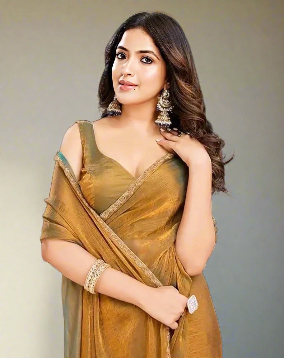 Bronze Silk Embellished Saree with Blouse Piece