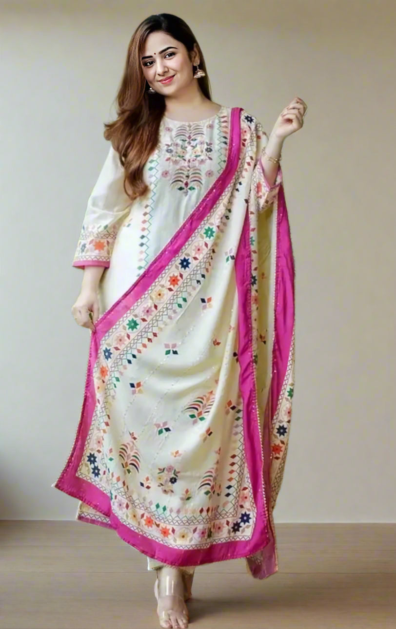 Floraluna Women Floral Embroidered Regular Sequinned Kurti with Pyjamas & With Dupatta